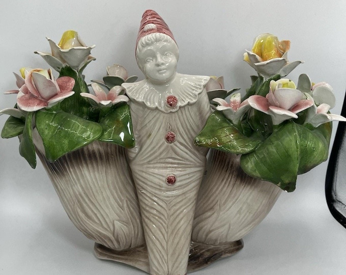 Large Capodimonte Clown Figurine with Flowers • Italy Porcelain • Read Flaws