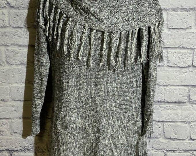 INC Metallic Fringe Cowl Sweater – Gray Knit Tunic – Women’s M
