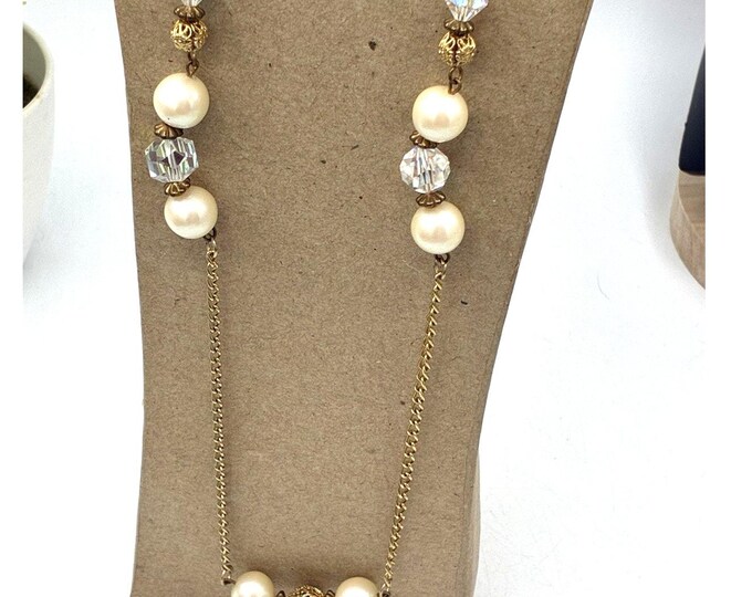 Gold Tone Faux Pearl AB Crystal Filigree Bead Station Necklace Vintage