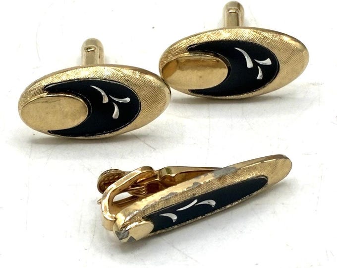 Vintage Swank Cufflinks Tie Bar Set Black Enamel Gold Tone MCM Men’s Jewelry