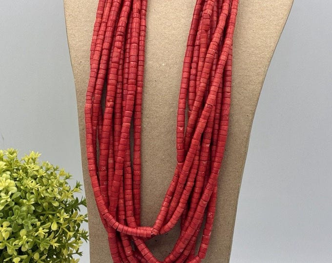 Vintage Red Multi Strand Heishi Bead Statement Necklace 21 Inch