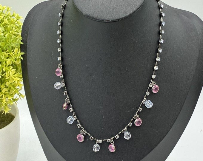 Vintage Rhinestone Chain Necklace Pink Clear Crystal Drops Gunmetal 16 Inch