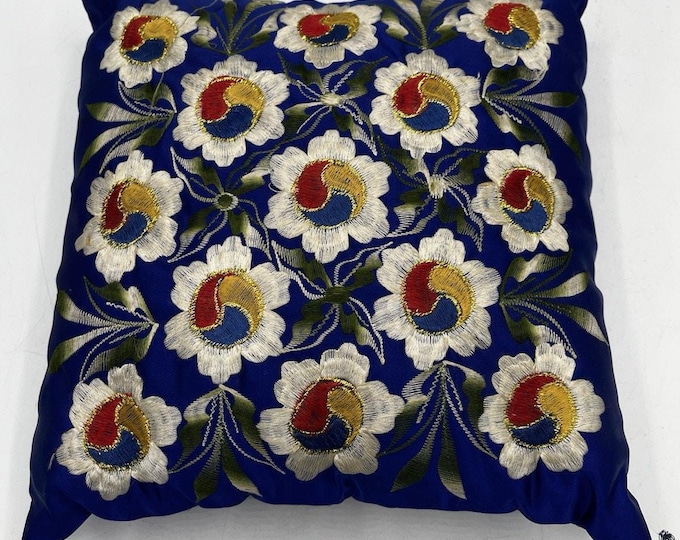 Vintage Silk Embroidered Throw Pillow 10x10 Royal Blue Floral Gold Thread Asian