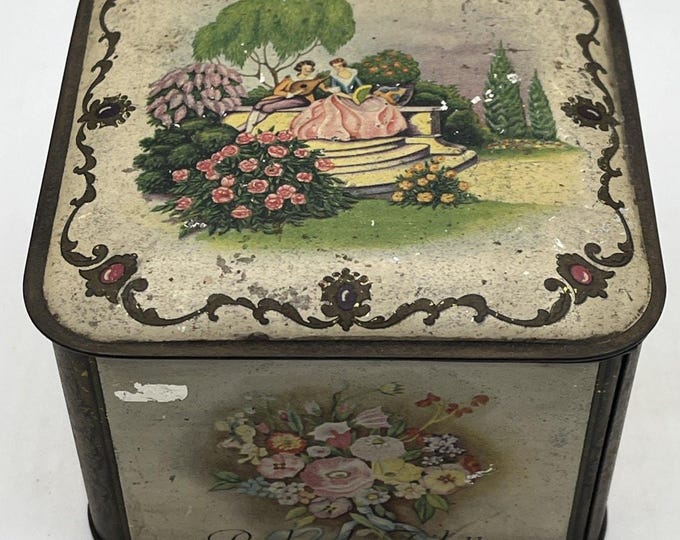 Vintage Tin Lander New York Poudre de Toilette Empty Powder Box Roses Flowers