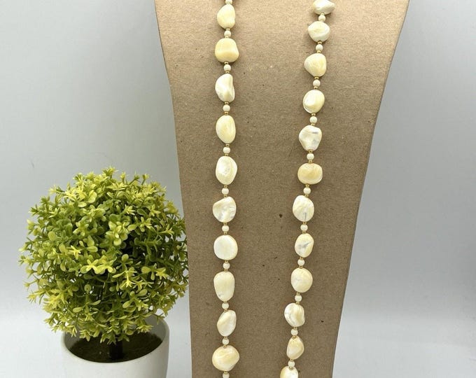 Long Mother of Pearl Shell Nugget Bead Necklace Gold Tone Opera Length 30"
