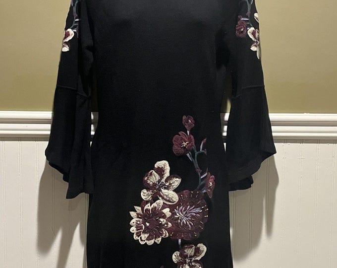 INC Black Embroidered Dress – Bell Sleeve Floral Shift – Women’s M