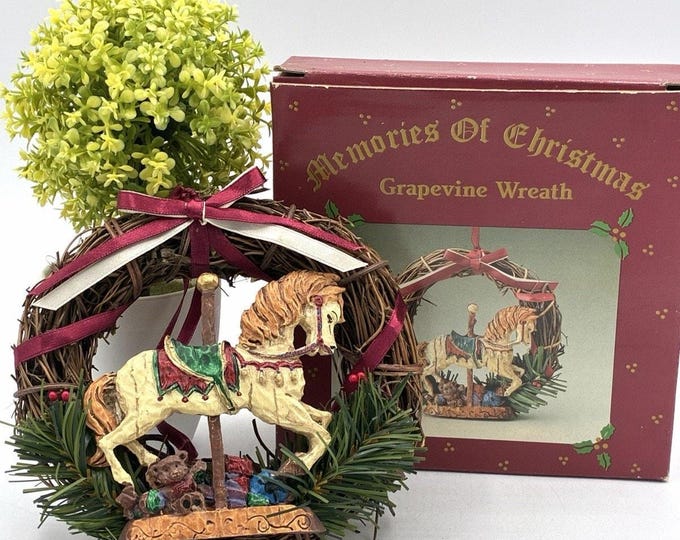 Russ Memories of Christmas Grapevine Wreath Carousel Horse Ornament w/ Box
