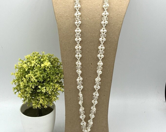 Vintage Faux Pearl Cluster Tassel Necklace Clear Lucite Flowers Long 34 Inch