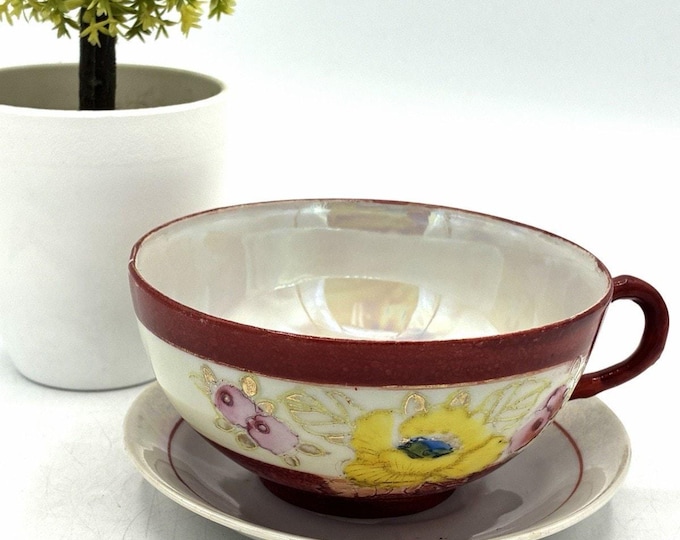 Vintage Japan Iridescent Floral Teacup Saucer Hand Painted Burgundy Trim