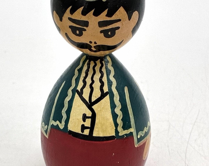 Vintage 3.5” Wooden Folk Art Doll Man Red Cap Hand Painted Figurine
