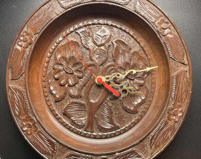 Vintage Wood Hand Carved Round Clock 13” MCM Floral Brown Untested