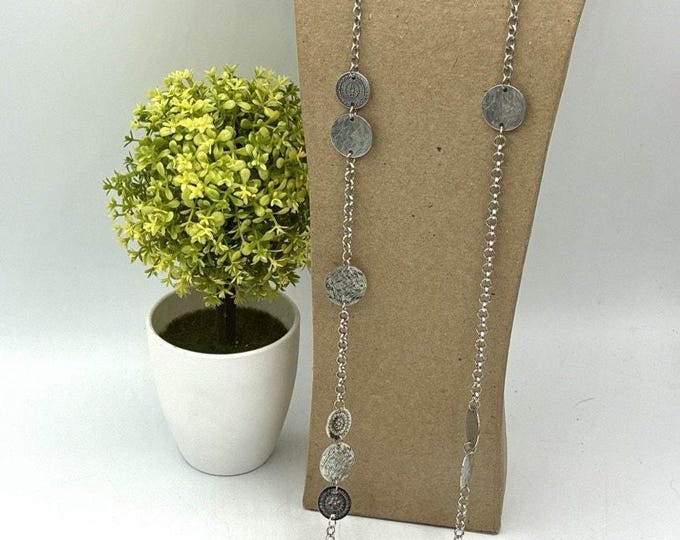 Long Asymmetrical Coin Medallion Necklace Silver Tone 41” Boho Statement