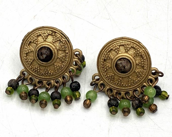 Gold Tone Medallion Earrings Green Black Beaded Dangle Boho Pierced