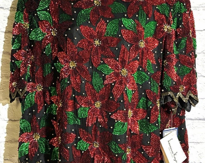 Vintage Laurence Kazar Poinsettia Sequin Beaded Silk Christmas Top, 3X NWT