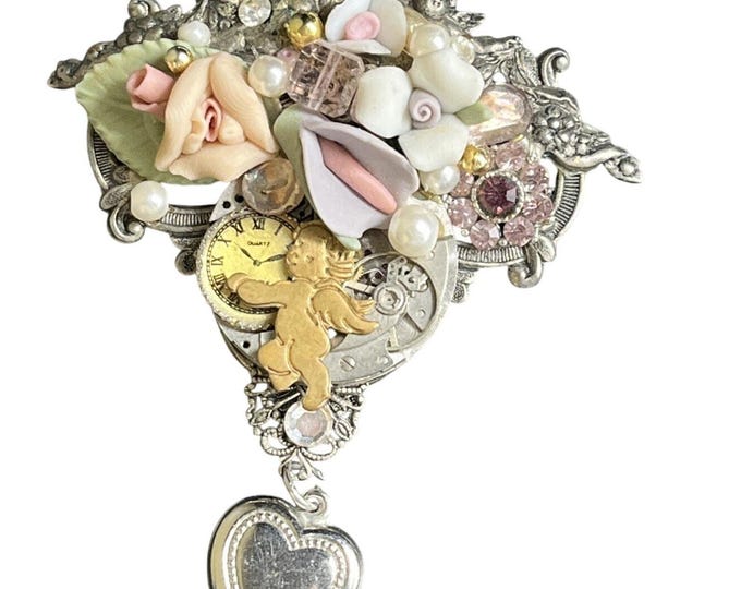 Artisan Steampunk Cherub Brooch – Clockwork Salvage Mixed Media Floral Heart Pin