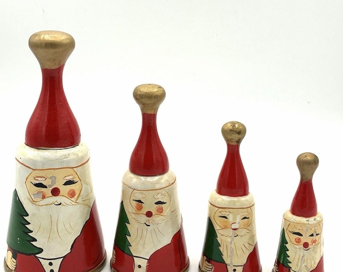 Vintage Hand Painted Wooden Santa Bells, Set of 4 Graduated Christmas Folk Art