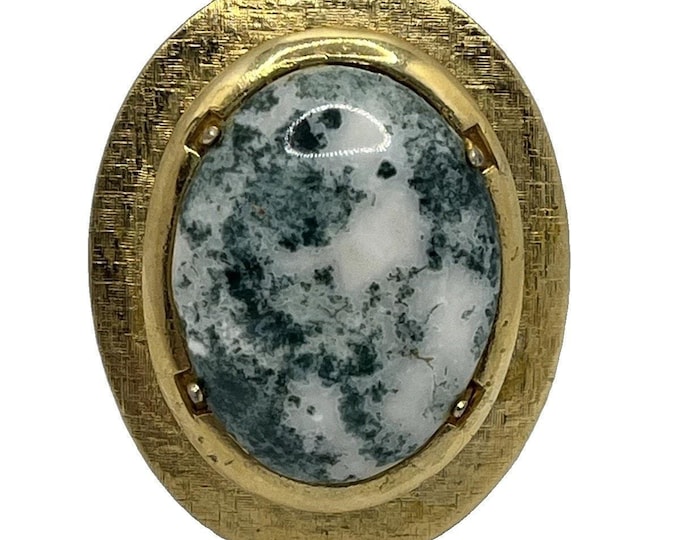 Vintage Large Oval Green White Stone Pendant Gold Tone Textured Setting 1.75”