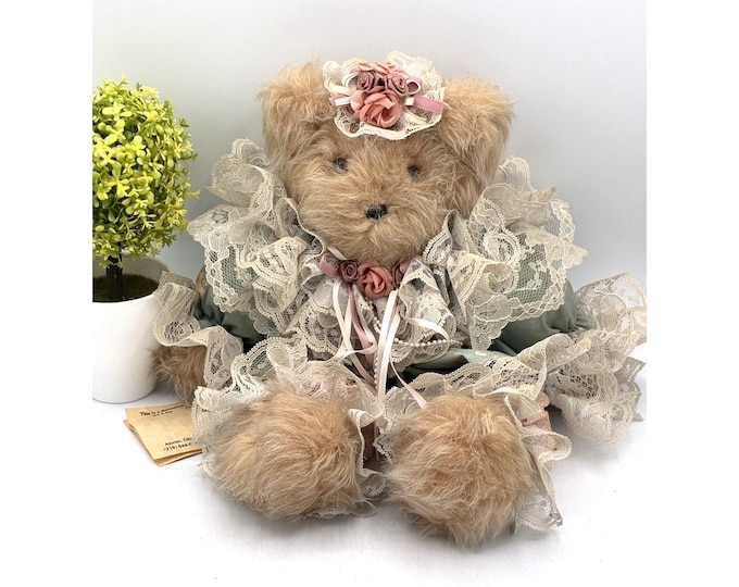 Vintage Handmade Shelf Sitter Teddy Bear Lace Rose Cottagecore Decor Ohio 1980s