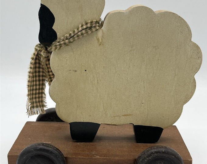Vtg Wooden Toy Sheep on Wheels 6.5”x7” Folk Art Rustic Toy Farmhouse Primitive