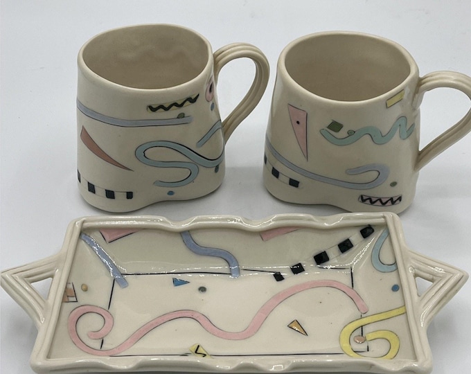 Parker Kuhn Signed Pottery Mug Set Of 2 Eclectic W Matching Tray
