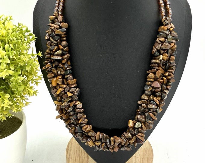 Tiger’s Eye Gemstone Chip Necklace 16” Multi Strand Brown Statement Jewelry