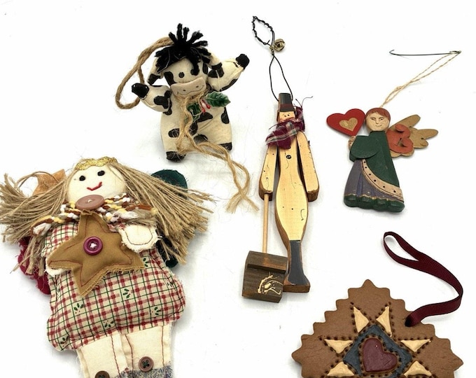 Vintage Folk Art Christmas Ornament Lot 5 Handmade Cow Angel Doll Signed 1995