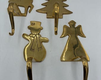 Set 4 Brass Christmas Stocking Holders Hangers Reindeer Tree Snowman Angel