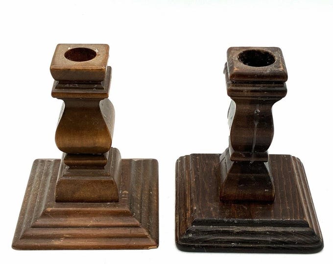 Vintage Wooden Taper Candle Holders Pair Mismatched 5” Rustic Farmhouse