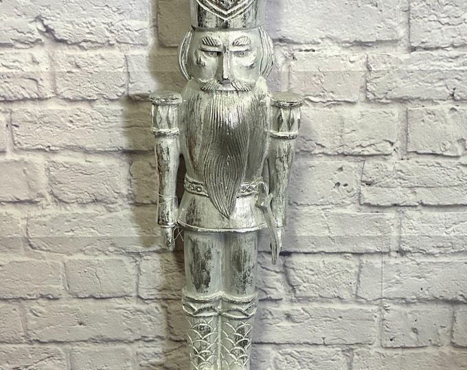 Large 28” Silver Nutcracker Christmas Decor Distressed Wood Look Soldier