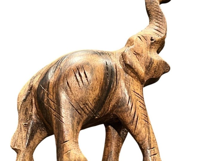 Vintage Hand Carved Wood Asian Elephant Figurine Trunk Up Brown 4x3"