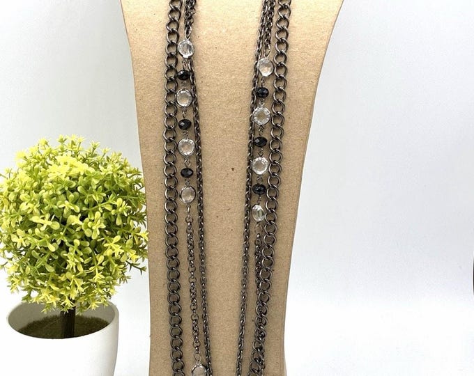 32” Gunmetal Multi Strand Chain Necklace Black Clear Faceted Beads Long