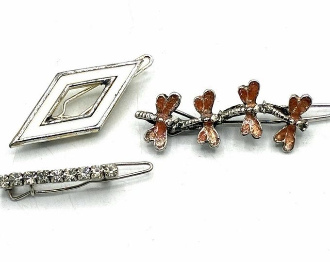 Vintage Hair Barrettes Lot Rhinestone Enamel White Geometric Hair Clips 3 Pc