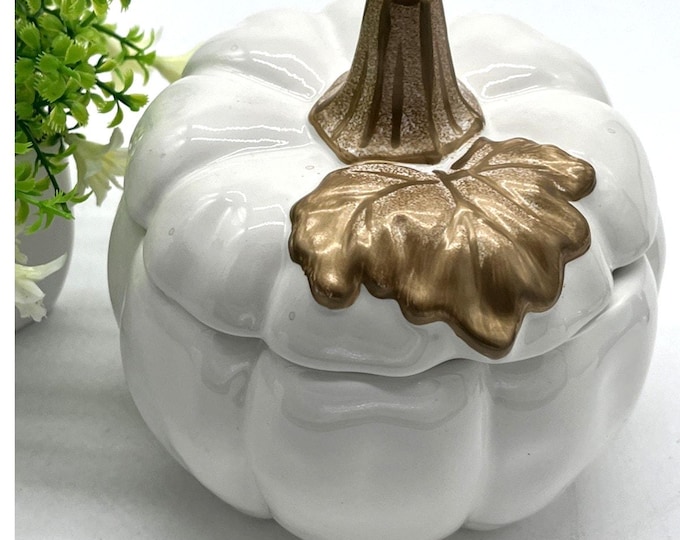 Pier 1 Imports Small Lidded White Gold Accent Pumpkin Ceramic 6”