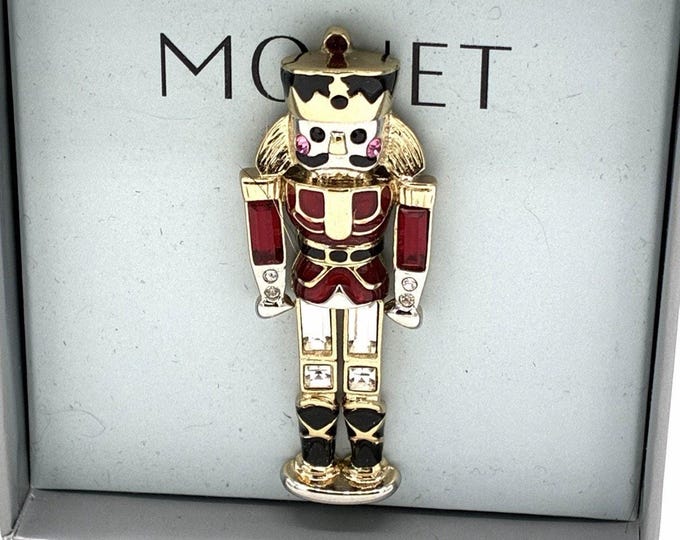 Monet Vintage Nutcracker Brooch Gold Tone Red Enamel Rhinestone Christmas 2.5