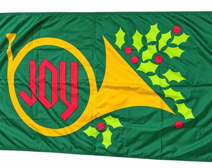 Vintage Nyl-Glo JOY Christmas Flag 36x64 Horn Holly Holiday Convent Decor
