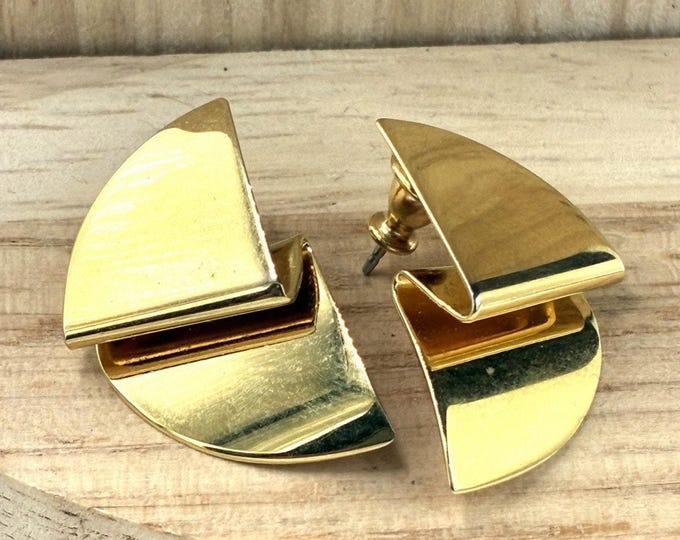 Monet Vintage Goldtone Geometric Circle Chevron Post Earrings Modernist 80s