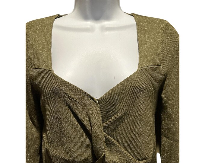 Bar III Metallic Ribbed Crop Top – Olive Green V‑Neck NWT Party Shirt Size M