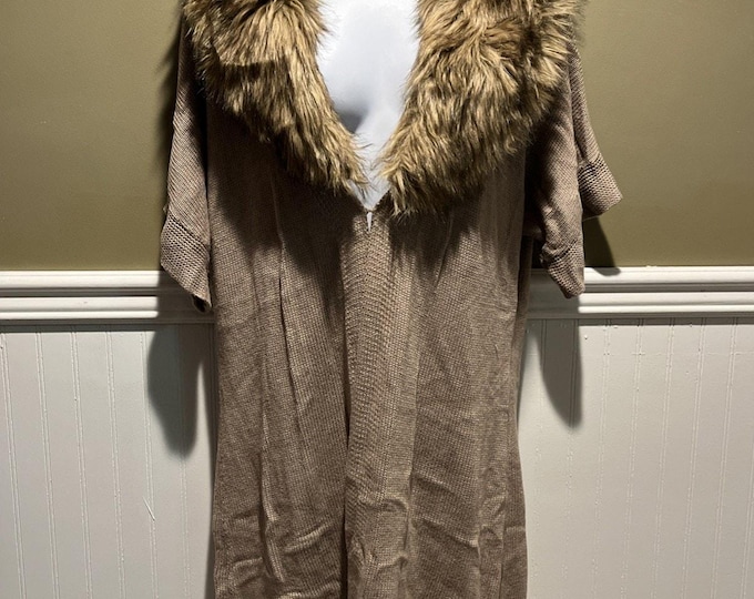 Chico’s Tan Knit Open Cardigan Removable Faux Fur Collar Size 2 Large