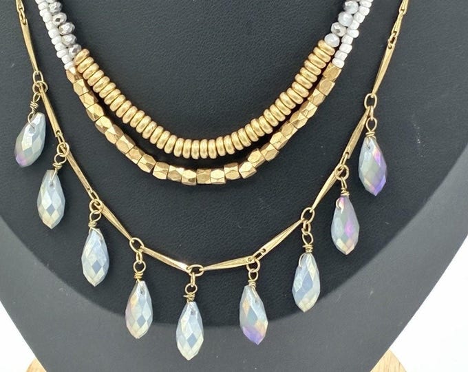 Layered 3-Strand Statement Necklace Gray Crystal Gold Nugget Teardrop Fringe 16"