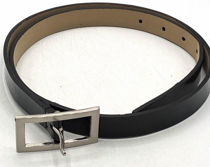 Black Patent Look Belt Silver Geometric Buckle Womens 33-37 High Gloss