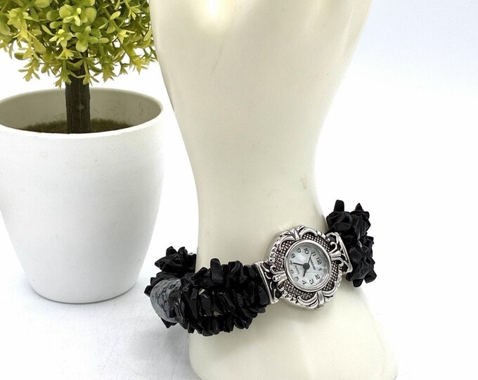 Vintage Rumours Ladies Watch Black Onyx Chip Snowflake Obsidian Stretch Band