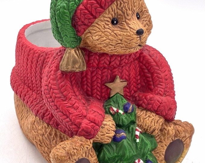 1997 New Holland Floral Christmas Teddy Bear Planter 6” Vintage Holiday