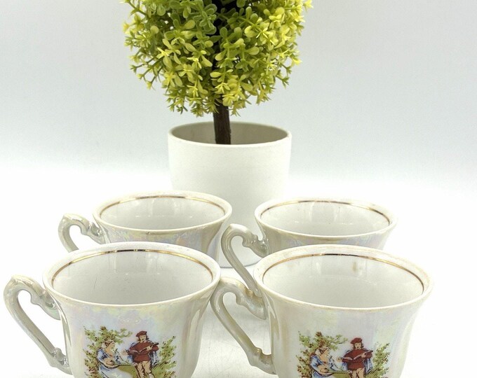 Vintage European Lusterware Demitasse Cups Courting Scene, Set of 4, Croatia