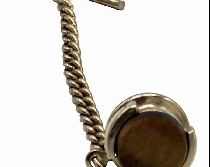 Vintage Tigers Eye Tie Tack Gold Tone Round Cabochon Chain Back