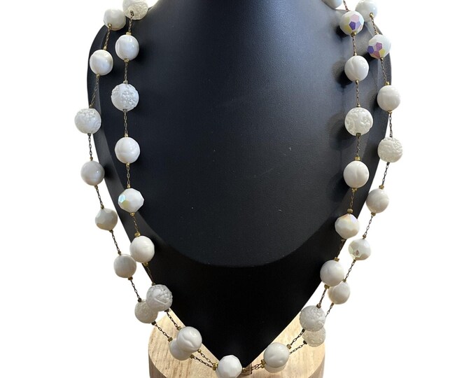 Vintage White Iridescent Mixed Texture Round Bead Necklace 26" Filigree Clasp