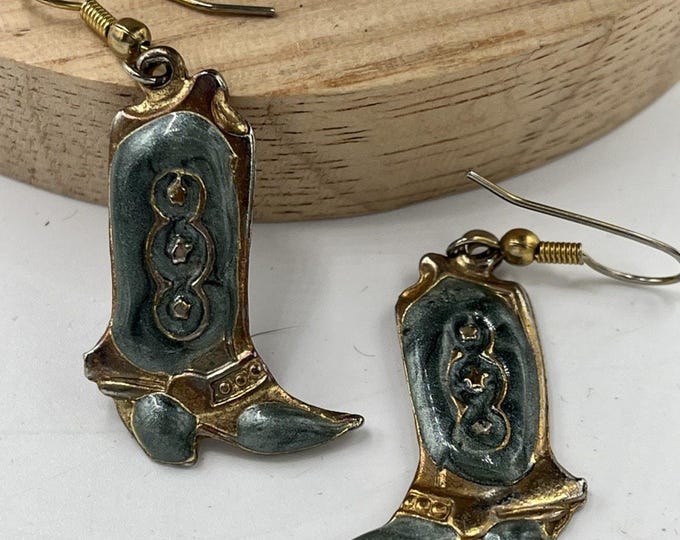 Vintage Cowboy Boot Dangle Earrings Embossed Metal Blue Enamel Western