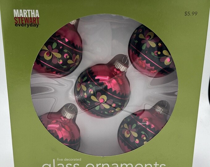 Martha Stewart Y2K Yuletide Cheer 5 Painted Glass Ornaments NEW 07’ Fuchsia