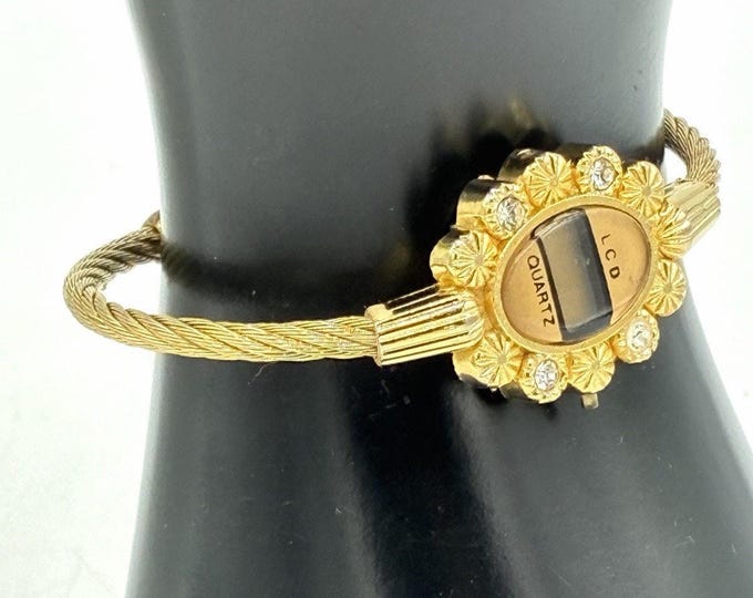 Vintage LCD Quartz Bracelet Watch Gold Tone Flower Bezel Rhinestone Rope Cuff