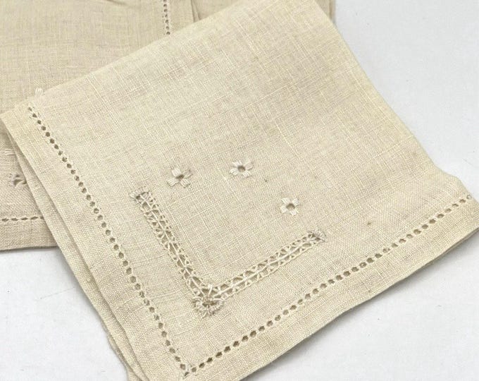 Vintage Set 3 Embroidered Linen Cloths 10” Beige Drawn Work Floral Napkins