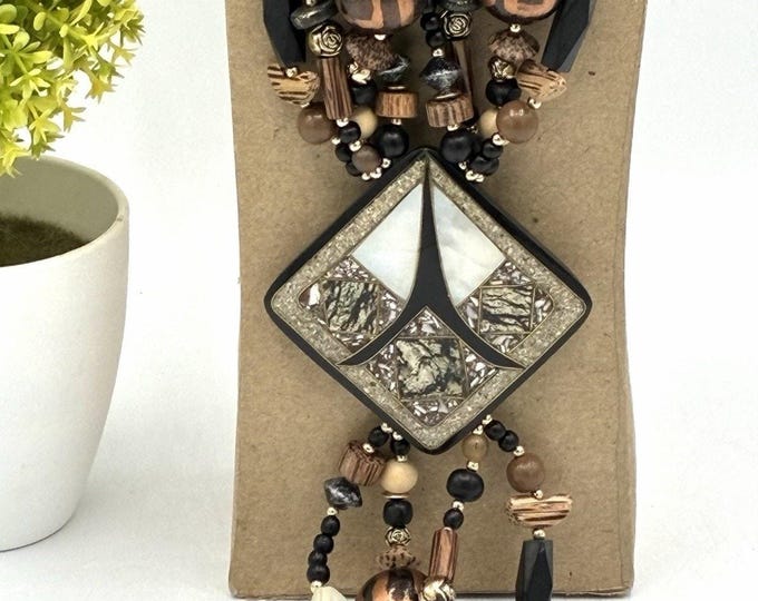Boho Multi Strand Bead Necklace Large Geometric Pendant Wood Black Brown 24”